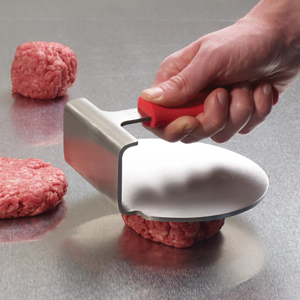 Winco SWS-6, 6" Dia, SS w/ Red Sleeve, NSF Smashed Burger Press
