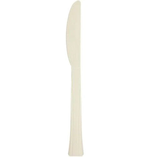 Premium disposable knives in Clear, Silver, Pearl, Gold, and Sahara—durable, stylish, and food-safe, perfect for catering, weddings, and elegant events.