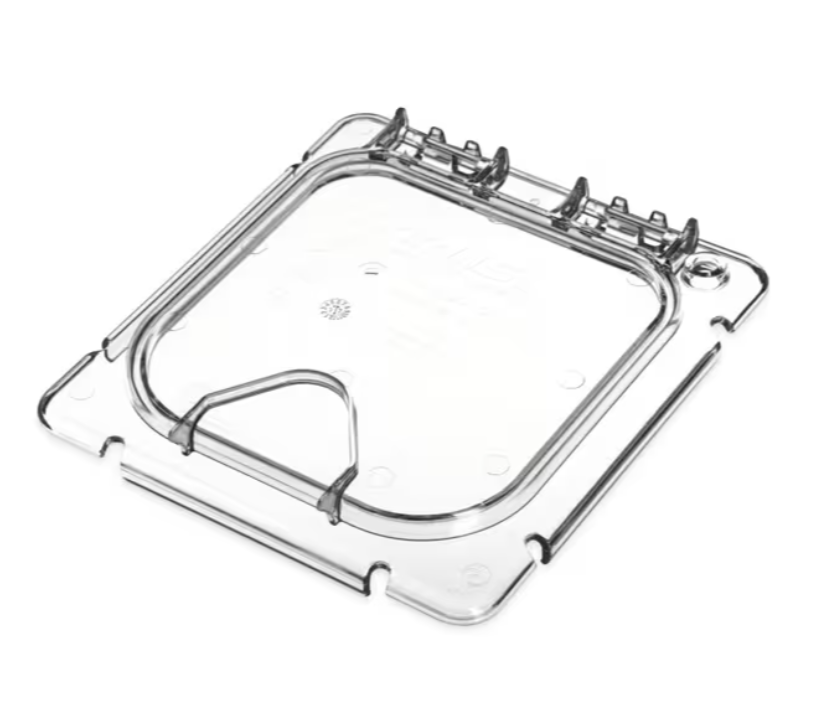Protect and access food easily with the Clear Coldmaster EZ Access Lid One Sixth Size CM10318Z07. This dishwasher safe polycarbonate hinged lid features a secure snap on design with no notch and is ideal for restaurants, buffets, catering operations, and commercial kitchens.