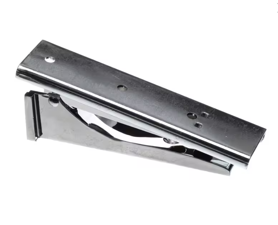 Maintain compatible foodservice equipment with the 10.7 x 4.5 x 2.45 Inch Chrome Plated Iron Trade Slide Bracket 669738. This durable OEM replacement bracket provides a precise fit and dependable slide support.