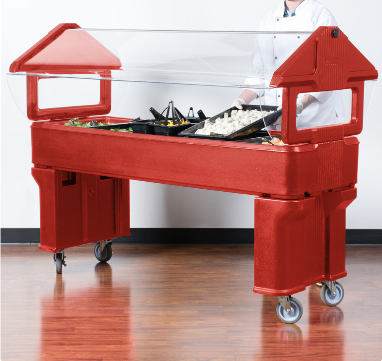 Serve chilled foods with the 6 x 2 x 4.2 Foot Red Six Star Portable Food Bar 660605. Features four acrylic shields, polyurethane foam insulation, swivel casters and flexible 6 inch deep food pan configurations.