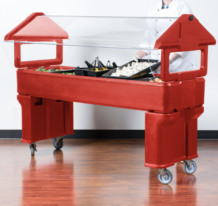 Serve chilled foods with the 6 x 2 x 4.2 Foot Red Six Star Portable Food Bar 660605. Features four acrylic shields, polyurethane foam insulation, swivel casters and flexible 6 inch deep food pan configurations.