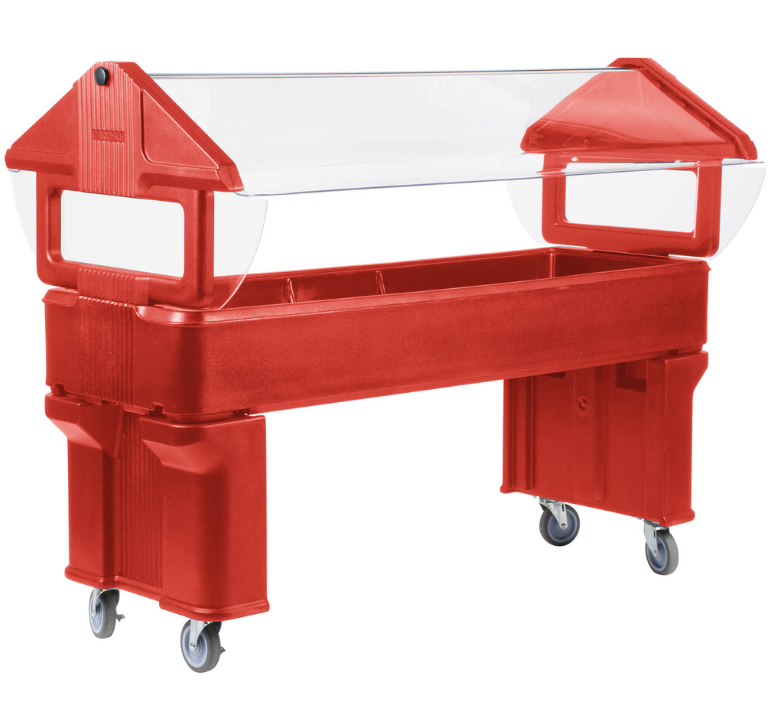Serve chilled foods with the 6 x 2 x 4.2 Foot Red Six Star Portable Food Bar 660605. Features four acrylic shields, polyurethane foam insulation, swivel casters and flexible 6 inch deep food pan configurations.