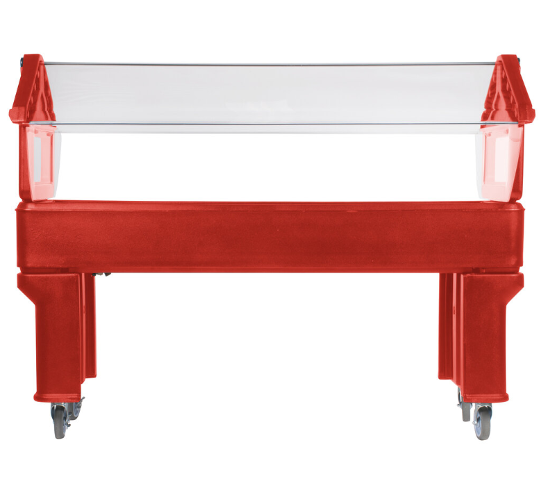 Serve chilled foods with the 6 x 2 x 4.2 Foot Red Six Star Portable Food Bar 660605. Features four acrylic shields, polyurethane foam insulation, swivel casters and flexible 6 inch deep food pan configurations.