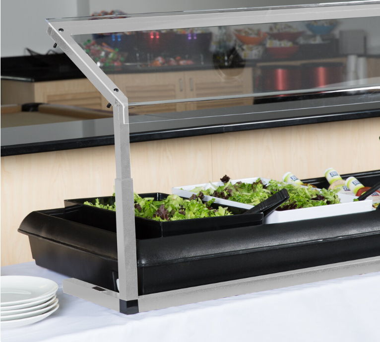 Protect displayed foods with the 73-1/4 Inch Clear Adjustable Single Sided Sneeze Guard 927207. Designed for compatible Five Star Buffet Bars with an adjustable opening height from 11.25 to 17.25 inches.
