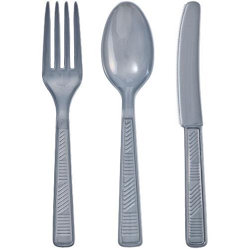 Colorful plastic cutlery set in pink, red, light blue, hot pink, silver, gold, blue, and black. Includes a fork, spoon, and knife. Durable, disposable, and perfect for events, catering, and takeout.