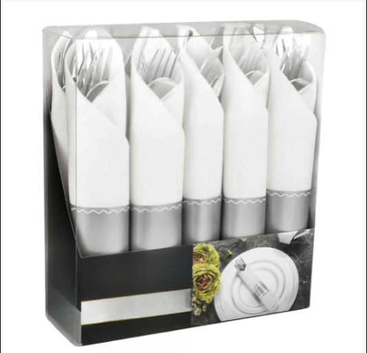Elegant Pre-Rolled Napkin Cutlery in Black, Silver, and Gold. Perfect for weddings, catering, and upscale dining. High-quality disposable set for convenience and sophistication.