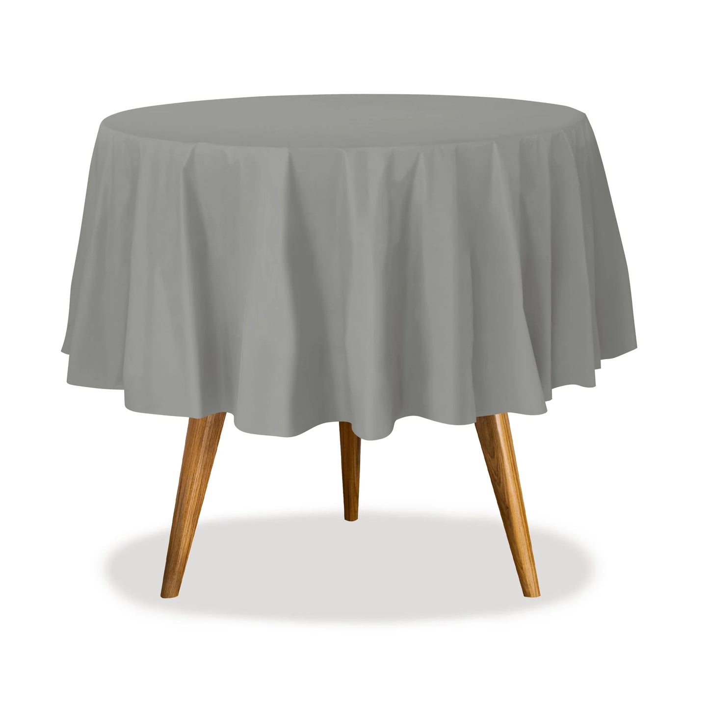 84" round table cover in white, red, blue, gold, yellow, black, silver, lime green, hot pink, orange, purple, and green. Durable, disposable, and perfect for events, parties, and catering.