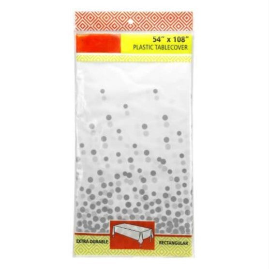 Confetti tablecover 54" x 108" in Silver, Gold, and Rose Gold. Durable, disposable, and festive design, perfect for weddings, parties, and special occasions. Adds sparkle and style to any celebration.