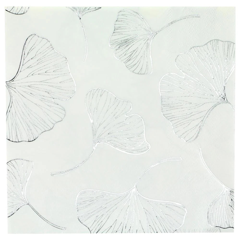 Elegant Gingko Lunch Napkins in gold, silver, and rose gold. Premium disposable napkins perfect for weddings, parties, and events. Soft, absorbent, and stylish for any table setting.