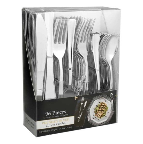 Polished Combo Box with premium disposable forks, knives, and spoons in Gold, Silver, and Rose Gold. Ideal for weddings, events, and catering with an elegant, high-end look and durable design.