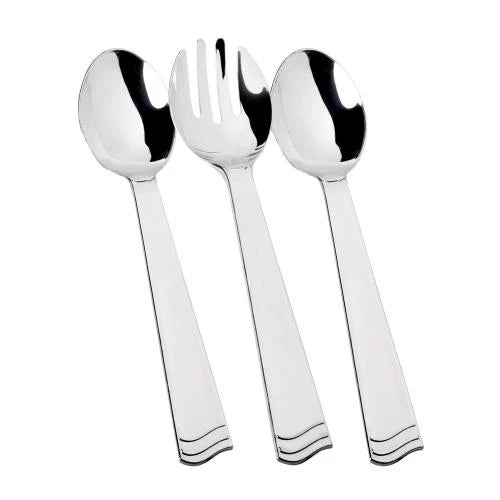 Polished 3-piece utensil set with 2 spoons and 1 fork in Gold, Silver, and Rose Gold. Elegant cutlery for weddings, fine dining, and upscale events.