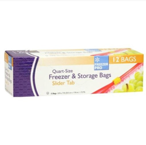 Quart-size slider freezer bags, leakproof storage bags, BPA-free food bags, meal prep bags, airtight seal, freezer-safe, pantry storage, durable plastic bags, portion control, food freshness.