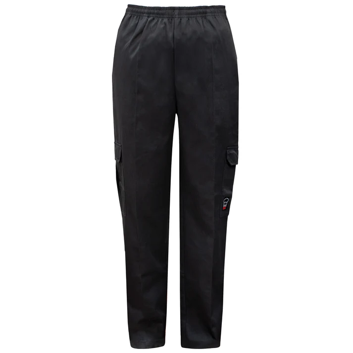 Cargo Chef Pants (L, M, S, XL, XS, 2XL) 12/Pack these pull-on style pants feature a drawstring secure fastening. The lightweight 65/35 poly-cotton blend ensures maximum breathability ideal for chefs and line cooks in hot hotel and restaurant kitchens. The black pants offer ample storage with dual cargo pockets, dual on-seam pockets and dual rear pockets. The traditional styling of these pants adds an upscale flare that elevates any dining experience
