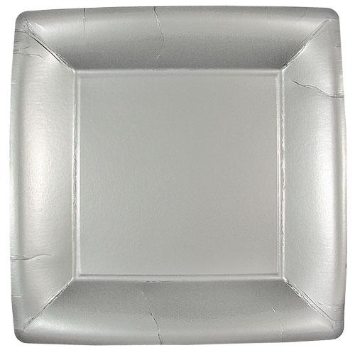 Elegant silver square disposable plates in 7-inch and 10-inch sizes, perfect for weddings, parties, and upscale dining. Durable, stylish, and ideal for appetizers, entrées, or desserts.