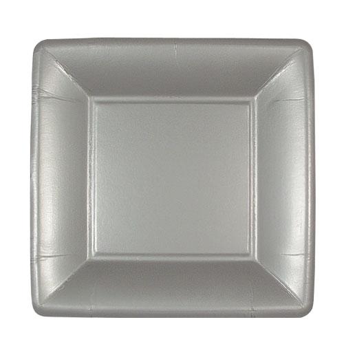Elegant silver square disposable plates in 7-inch and 10-inch sizes, perfect for weddings, parties, and upscale dining. Durable, stylish, and ideal for appetizers, entrées, or desserts.