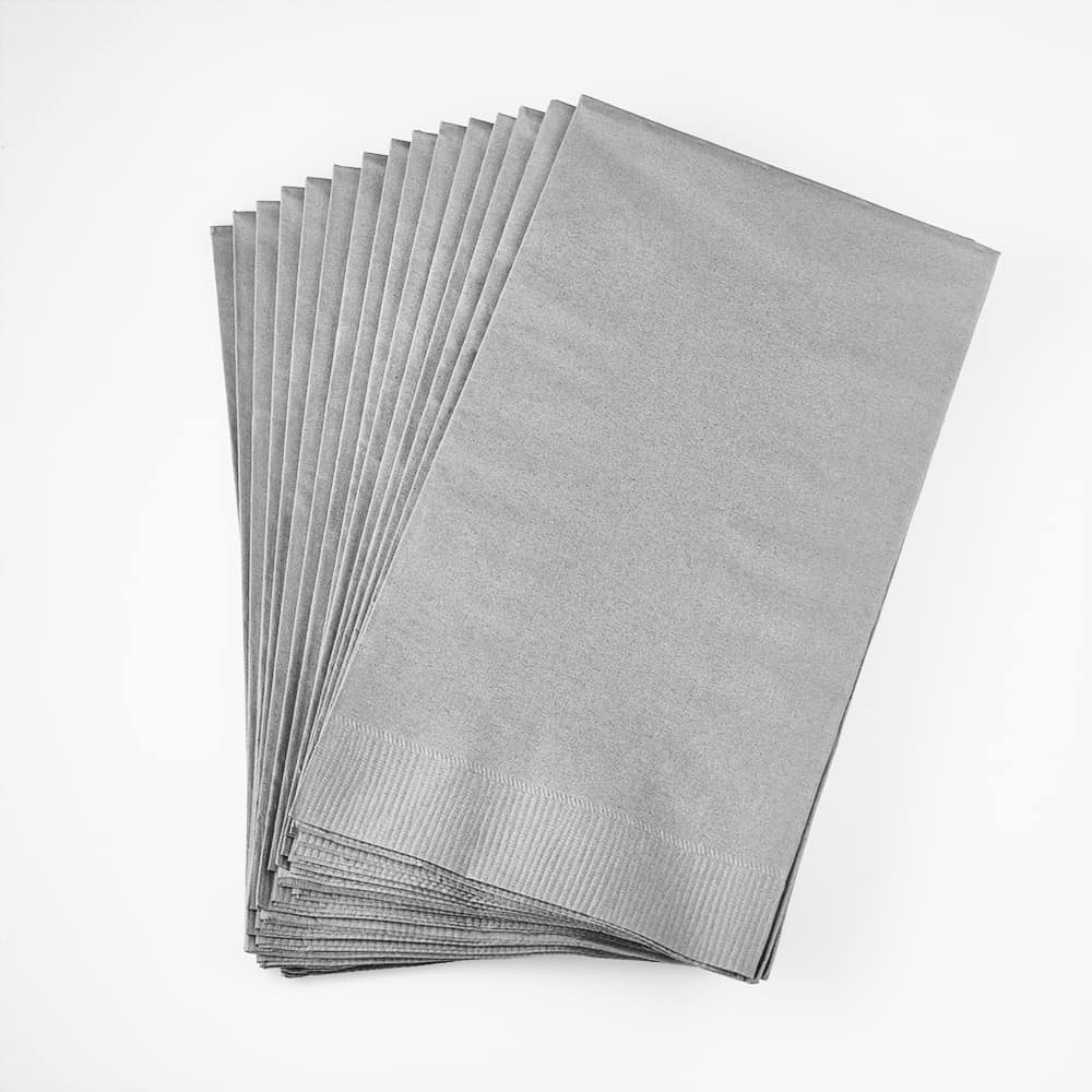 Elegant silver 3-ply bistro napkins with a premium feel. Soft, absorbent, and durable for restaurants, weddings, and upscale events. Perfect for sophisticated dining experiences.