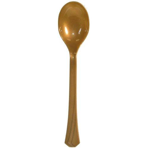 Gold plastic cutlery set with forks, knives, soup spoons, and teaspoons. Elegant, durable, and disposable—perfect for weddings, parties, and upscale events. Adds sophistication and convenience to any table.