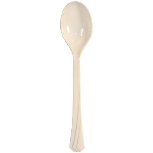 Ivory plastic cutlery set with forks, knives, soup spoons, and teaspoons. Elegant, durable, and disposable—perfect for weddings, anniversaries, and upscale events. Adds sophistication to any dining setup.
