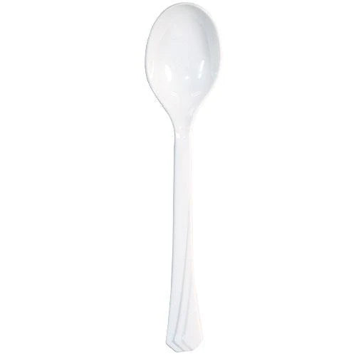 Pearl plastic cutlery set with forks, knives, soup spoons, and teaspoons. Elegant, durable, and disposable—perfect for weddings, bridal showers, and upscale events. Adds sophistication to any table setting.