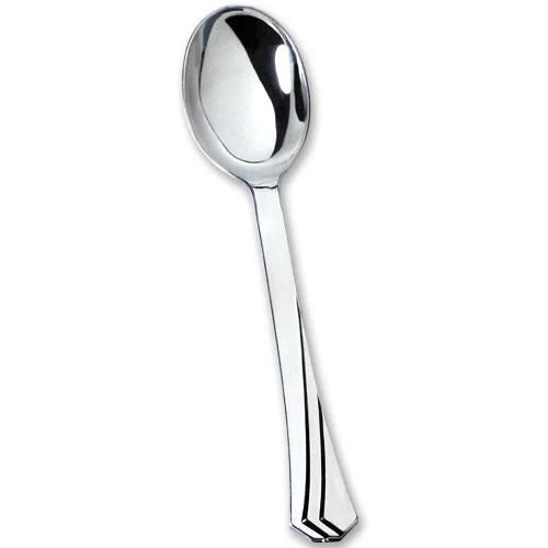 Polished silver plastic cutlery set includes a fork, knife, soup spoon, and teaspoon. Elegant, durable, and disposable, perfect for weddings, parties, and events. Adds sophistication to any occasion.
