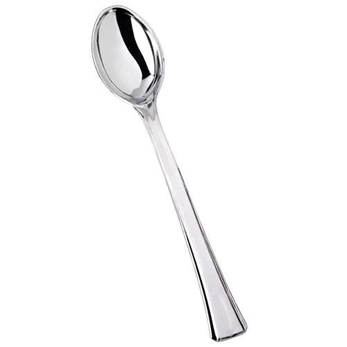 Mini polished silver utensil box with 48 disposable forks and spoons, featuring a sleek metallic finish, perfect for weddings, parties, catering, and upscale dining events.