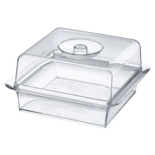 Clear tray with dome lid in rectangle, oblong, and square shapes, ideal for serving appetizers, pastries, and desserts while keeping food fresh at catering events, parties, and gatherings.
