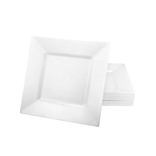 Elegant Squares Pearl Plate set available in 6.5-inch, 8-inch, 9-inch, and 10.75-inch sizes; ideal for stylish dining, parties, and elegant meal presentations.