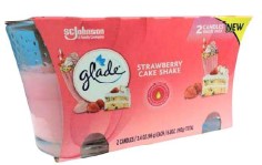 Two Glade Strawberry Cake Shake scented candles in glass jars, 3.4 oz each, with a sweet strawberry and creamy cake fragrance.
