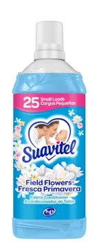 Suavitel Field Flowers Fabric Softener bottle, 25 oz (739 mL), with fresh floral scent