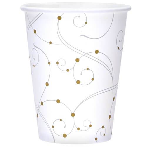 Swirls & Pearls 12oz disposable cup for hot and cold drinks. Elegant swirl and pearl design, durable, leak-resistant, perfect for weddings, parties, and upscale events.