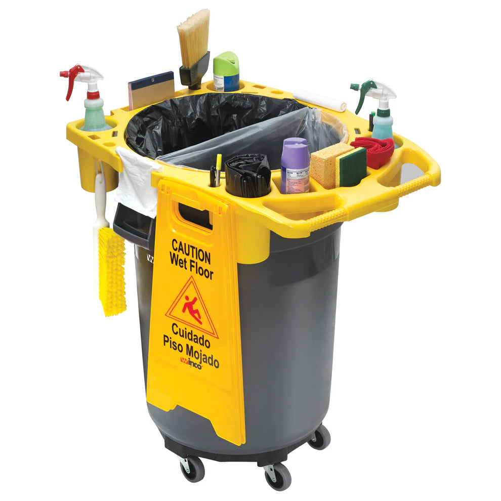 Winco TCD-44Y, Caddy for 44 Gal Trash Cans, with Compartments & Hooks