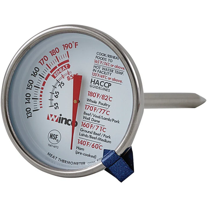 (2"Dial 5"Probe, 3"Dial 5"Probe) Meat Thermometer 5"Probe 12/Pack helps chefs to monitor the internal temperature of meat and poultry throughout the cooking process. The thermometer has an easy-to-read 2" dial with indicator markings. Designed to deliver accurate readings every time. The thermometer is constructed from stainless steel and features a 5 inch long probe.