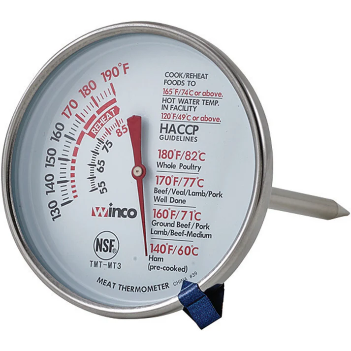 (2"Dial 5"Probe, 3"Dial 5"Probe) Meat Thermometer 5"Probe 12/Pack helps chefs to monitor the internal temperature of meat and poultry throughout the cooking process. The thermometer has an easy-to-read 2" dial with indicator markings. Designed to deliver accurate readings every time. The thermometer is constructed from stainless steel and features a 5 inch long probe.