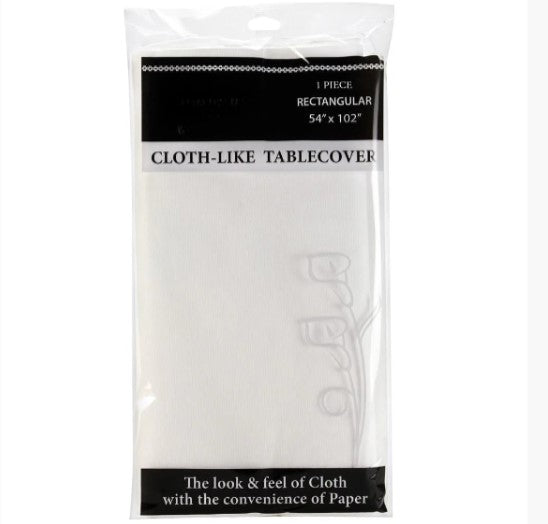 54x102 Airlaid Tablecover with a linen-like feel in white, silver confetti, or gold confetti. Disposable, durable, and perfect for weddings, banquets, and elegant events.