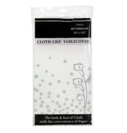 54x102 Airlaid Tablecover with a linen-like feel in white, silver confetti, or gold confetti. Disposable, durable, and perfect for weddings, banquets, and elegant events.