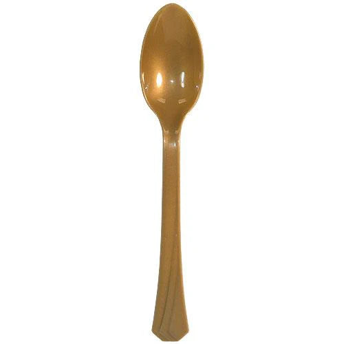 Gold plastic cutlery set with forks, knives, soup spoons, and teaspoons. Elegant, durable, and disposable—perfect for weddings, parties, and upscale events. Adds sophistication and convenience to any table.