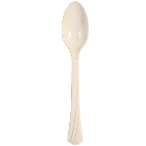 Ivory plastic cutlery set with forks, knives, soup spoons, and teaspoons. Elegant, durable, and disposable—perfect for weddings, anniversaries, and upscale events. Adds sophistication to any dining setup.