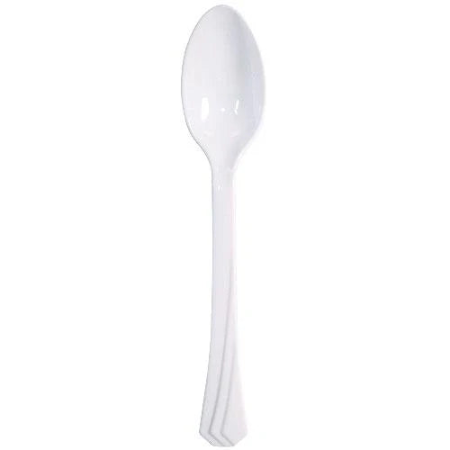 Pearl plastic cutlery set with forks, knives, soup spoons, and teaspoons. Elegant, durable, and disposable—perfect for weddings, bridal showers, and upscale events. Adds sophistication to any table setting.