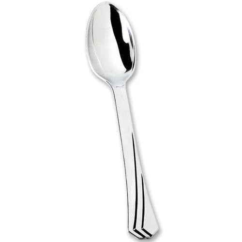 Polished silver plastic cutlery set includes a fork, knife, soup spoon, and teaspoon. Elegant, durable, and disposable, perfect for weddings, parties, and events. Adds sophistication to any occasion.