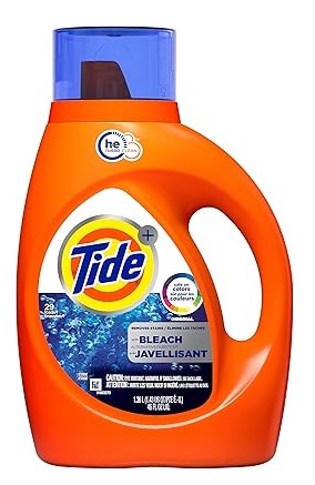 Tide Liquid HE Original with Bleach, 42 fl oz bottle, 29 loads, brightens whites and removes tough stains with classic Tide scent.