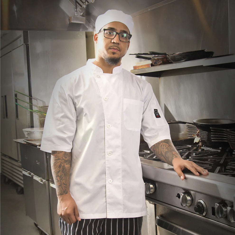 Winco UNF-1K3XL - 1WXXL, S-4XL Black/White Short Sleeve Cook Shirt, EA