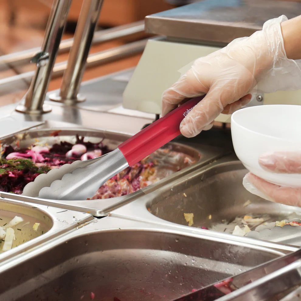 Winco UTSH-12B to 9R, 12 & 9.5" SS Colored Silicone Handle Tongs, NSF