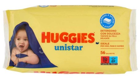 Huggies Baby Wipes Unistar Yellow, 56 ct pack, gentle wipes for hands, face, and diaper area.