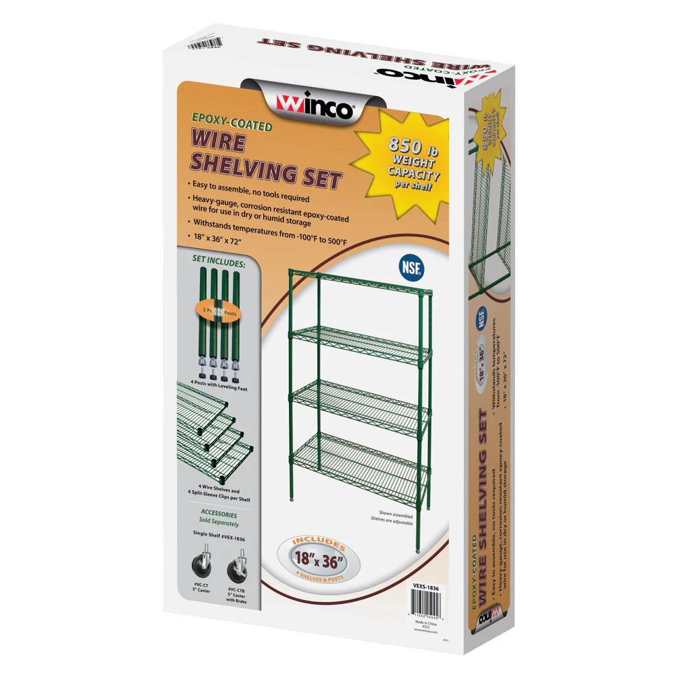 Winco VEXS-1836 to 2448, 4-Tier Epoxy Coated Wire Shelving Set