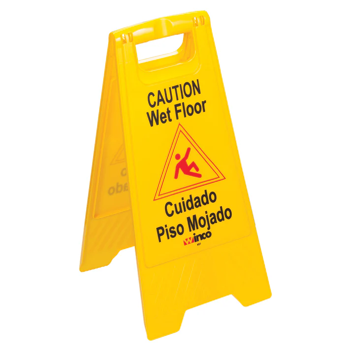 Fold-out Wet Floor Caution Sign 12/Pack featuring a bright yellow, plastic construction, this 25" caution wet floor sign is lightweight in design, yet highly visible. This sign features a two-sided warning message that reads "Caution: Wet Floor" in both English and Spanish to clearly alert your staff and customers.