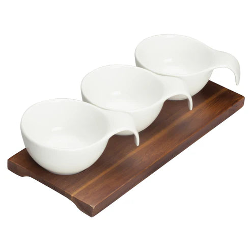 Winco WDP015-102 24sets Bright White Porcelain Trio Bowl Set w/ Wooden