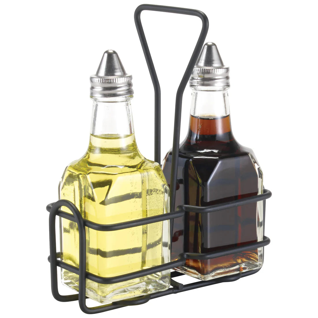 Winco WH-3-3K 6oz Chrome Plated & Black Coated Cruet Rack Oil/Vinegar