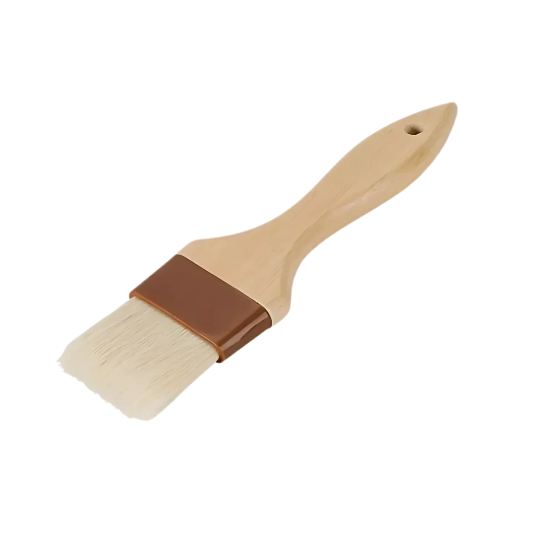 1-1/2-inch wide flat pastry brush stanton trading with natural bristles, a sturdy wooden handle, and durable plastic ferrules. Designed for precision in baking and cooking, ideal for glazing, basting, and buttering. Comfortable grip and lightweight construction for ease of use.