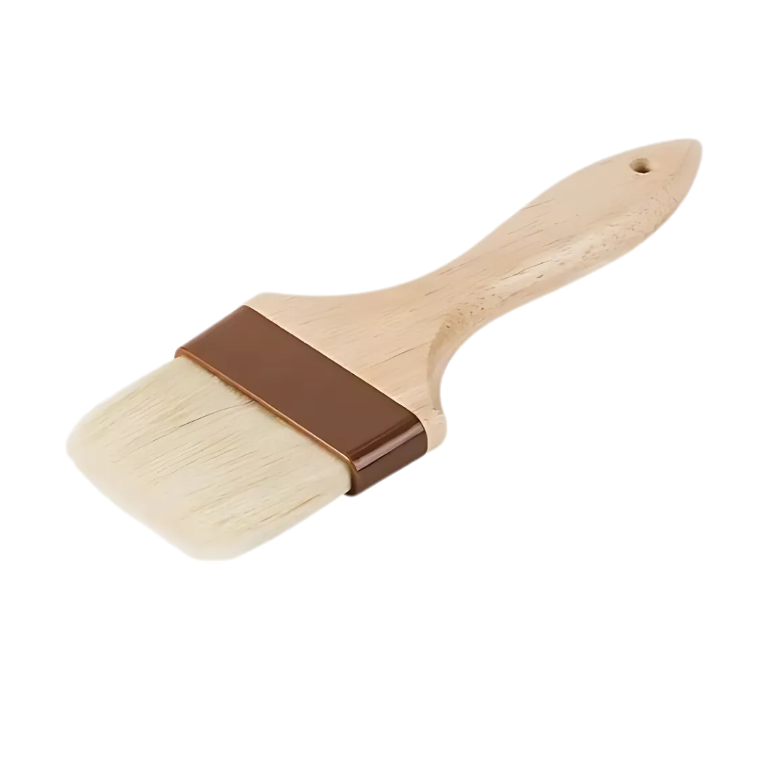 2-inch wide flat pastry brush stanton trading with natural bristles, a sturdy wooden handle, and durable plastic ferrules. Designed for precision in baking and cooking, ideal for glazing, basting, and buttering. Comfortable grip and lightweight construction for ease of use.